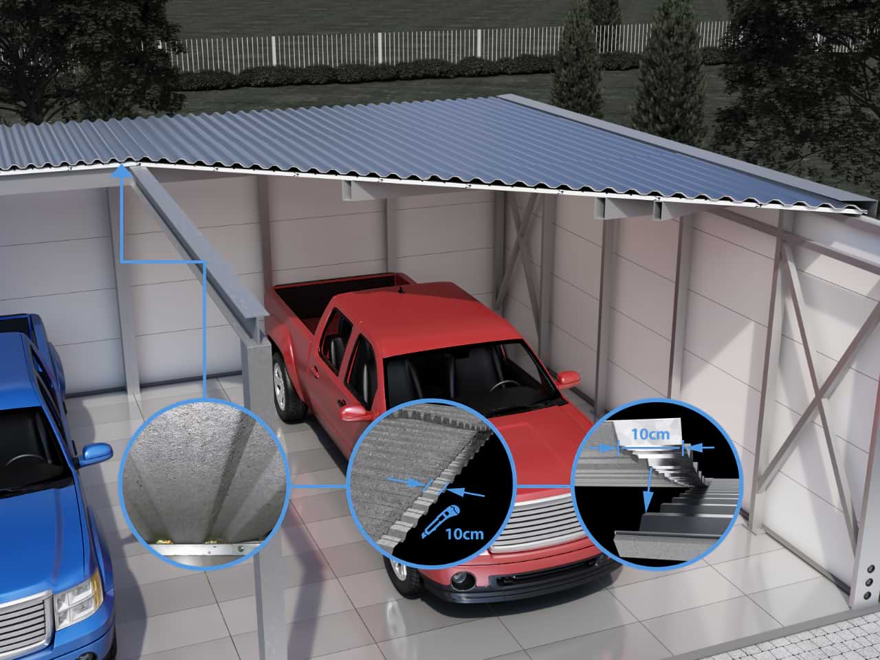 Querschnitt einer Fertiggarage mit zwei Autos, der den Umfang der Isolierung im Inneren zeigt.